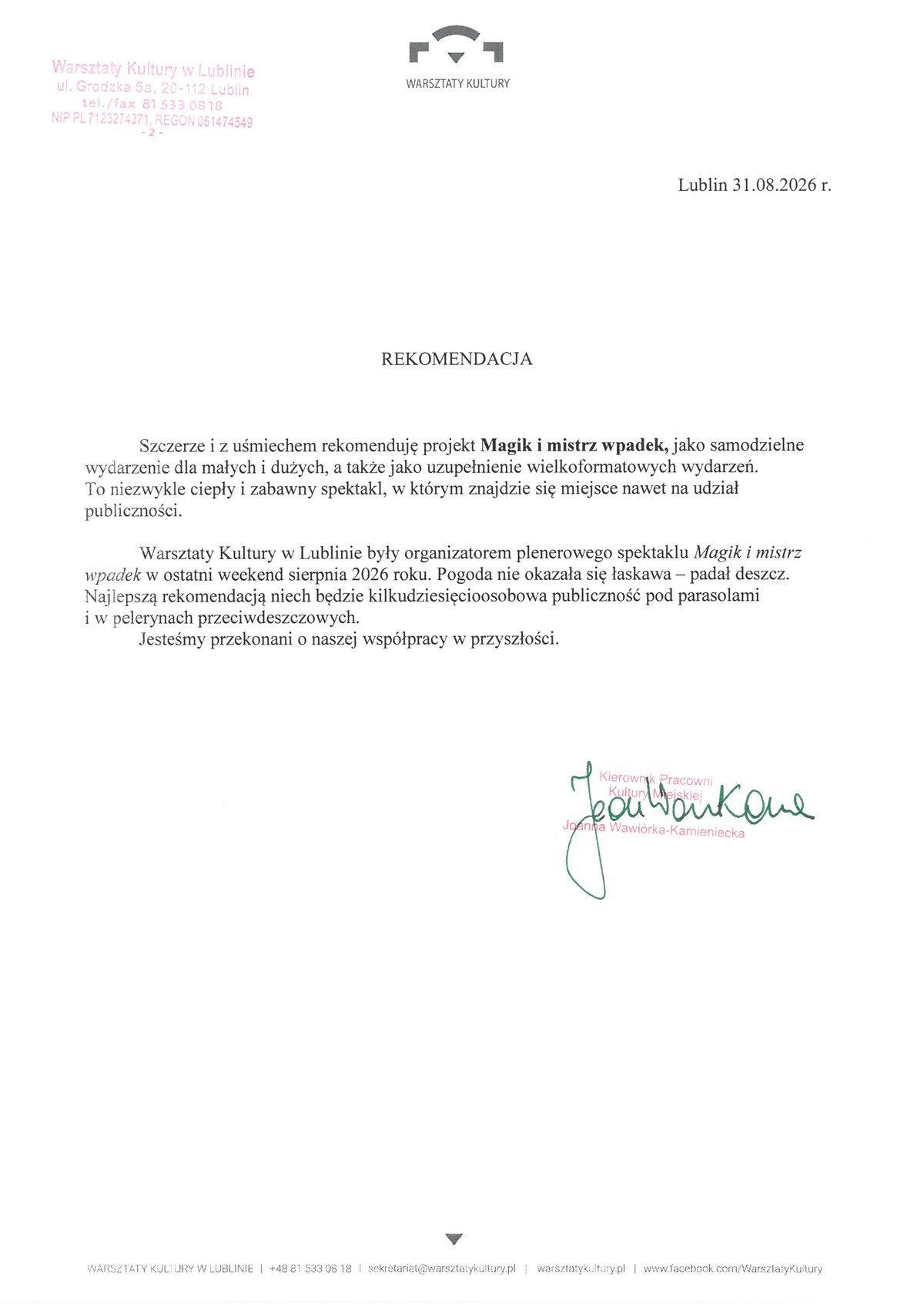 Skan podpisanej rekomendacji Warsztatów Kultury w Lublinie z 31 sierpnia 2026